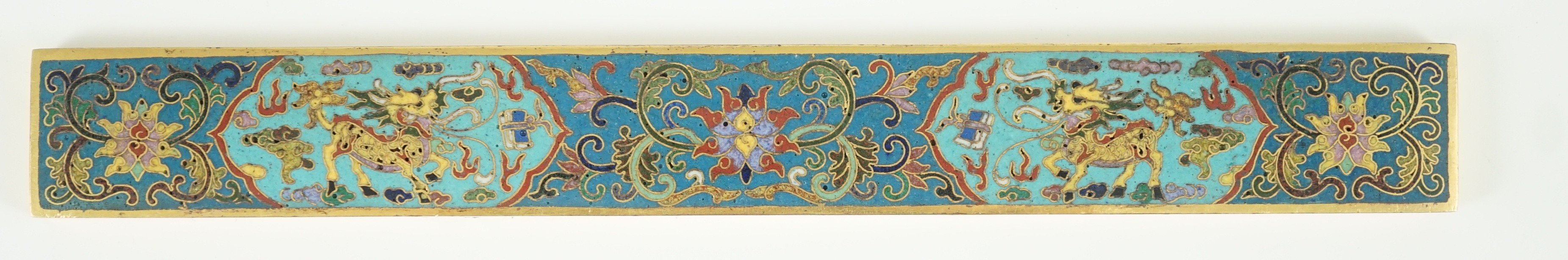 A Chinese cloisonné enamel and gilt bronze scroll weight, 24.8cm long